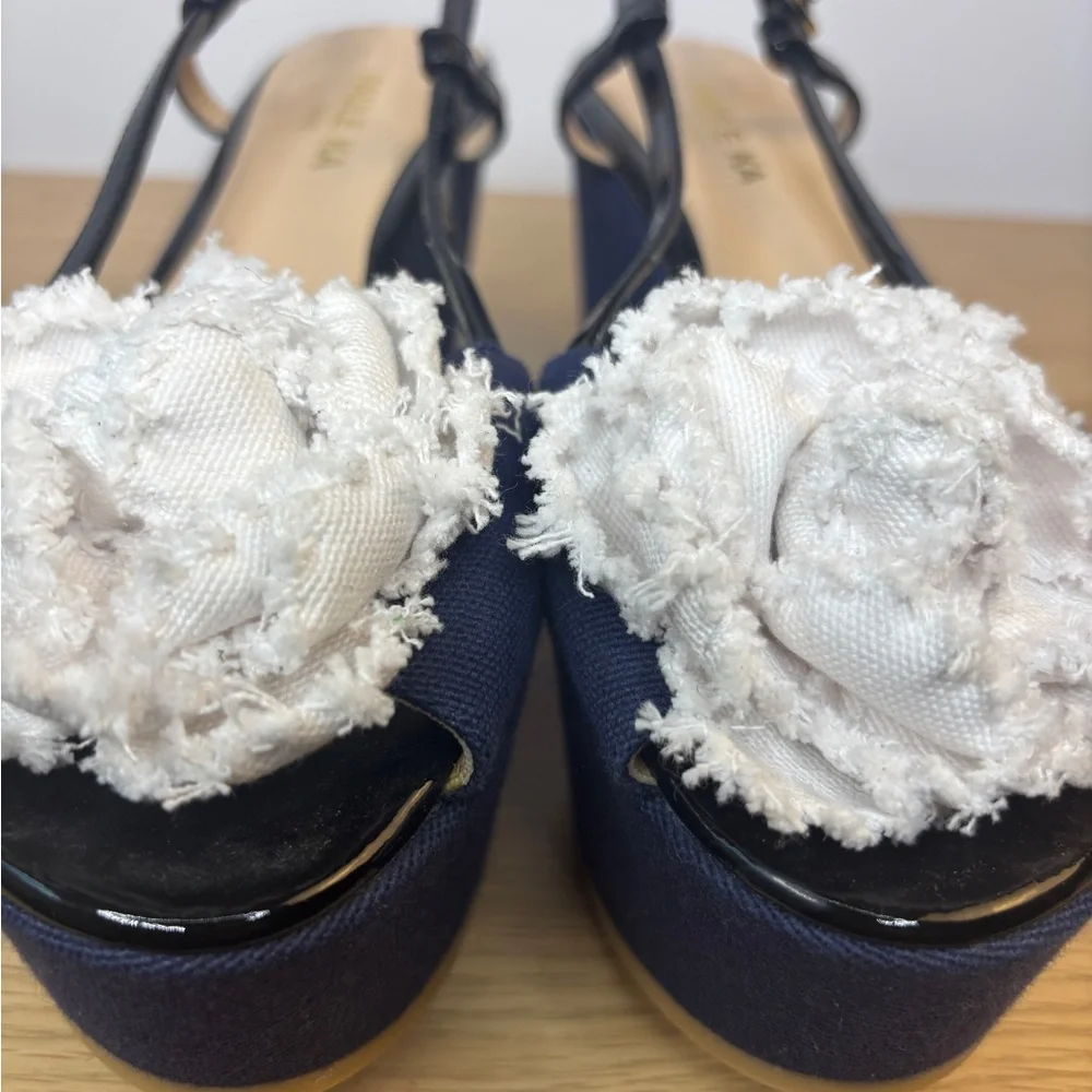 Paule Ka Women's Blue Denim Look and White With Black‎ Straps Wedge Sandals